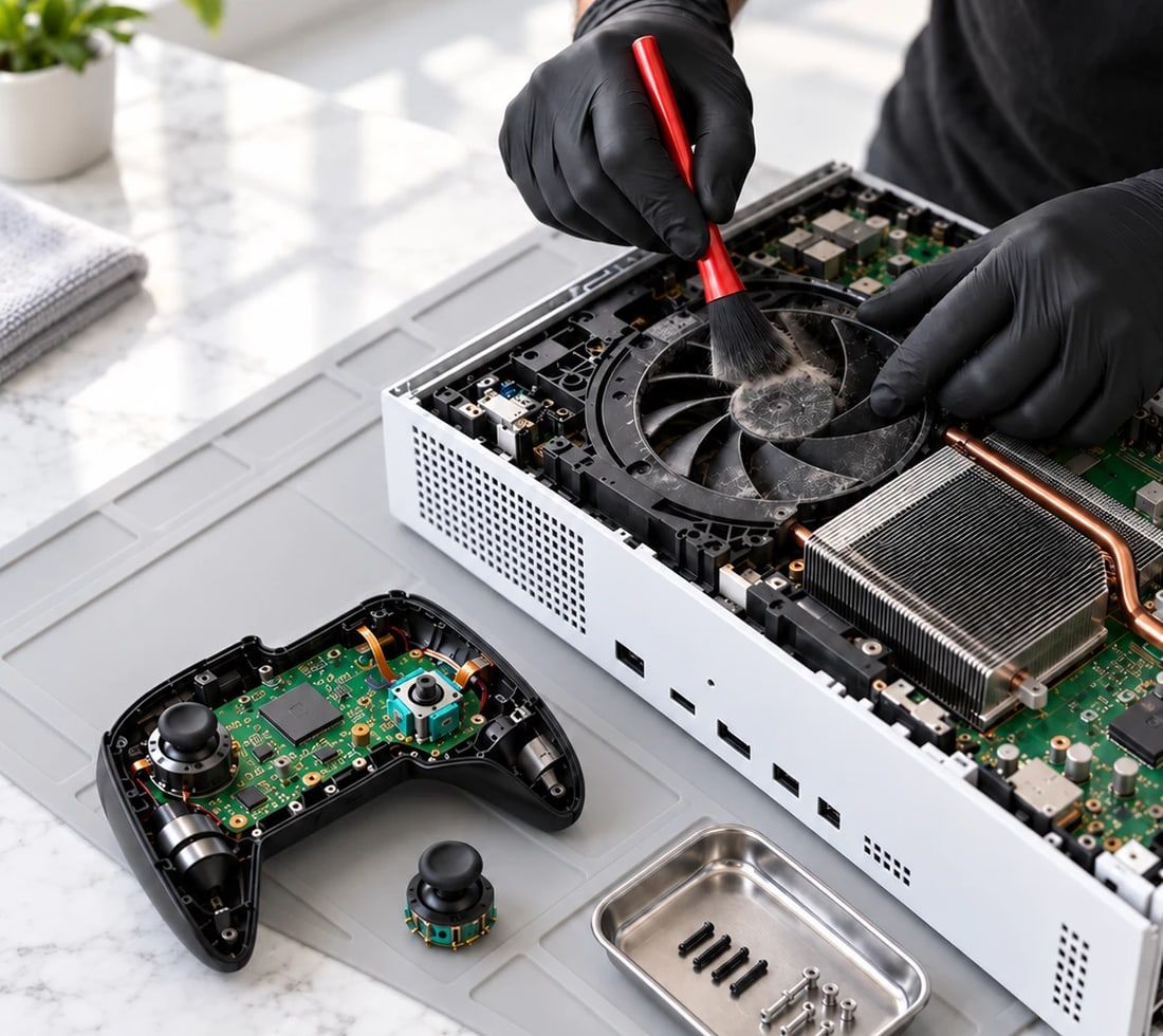Console de jeu ouverte nettoyée au pinceau et manette démontée sur un tapis d'atelier