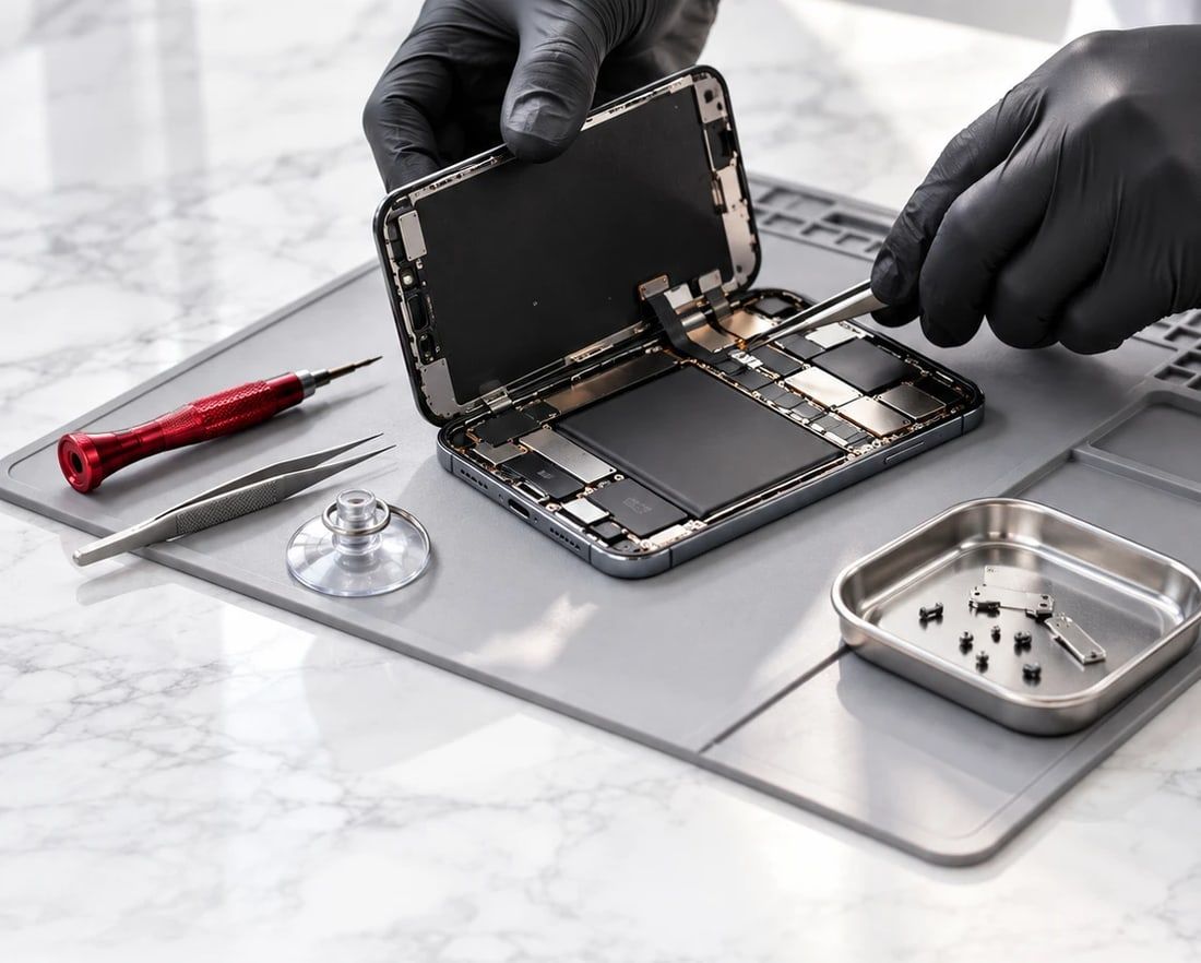 Smartphone ouvert en réparation sur un tapis d'atelier, écran soulevé à la pince