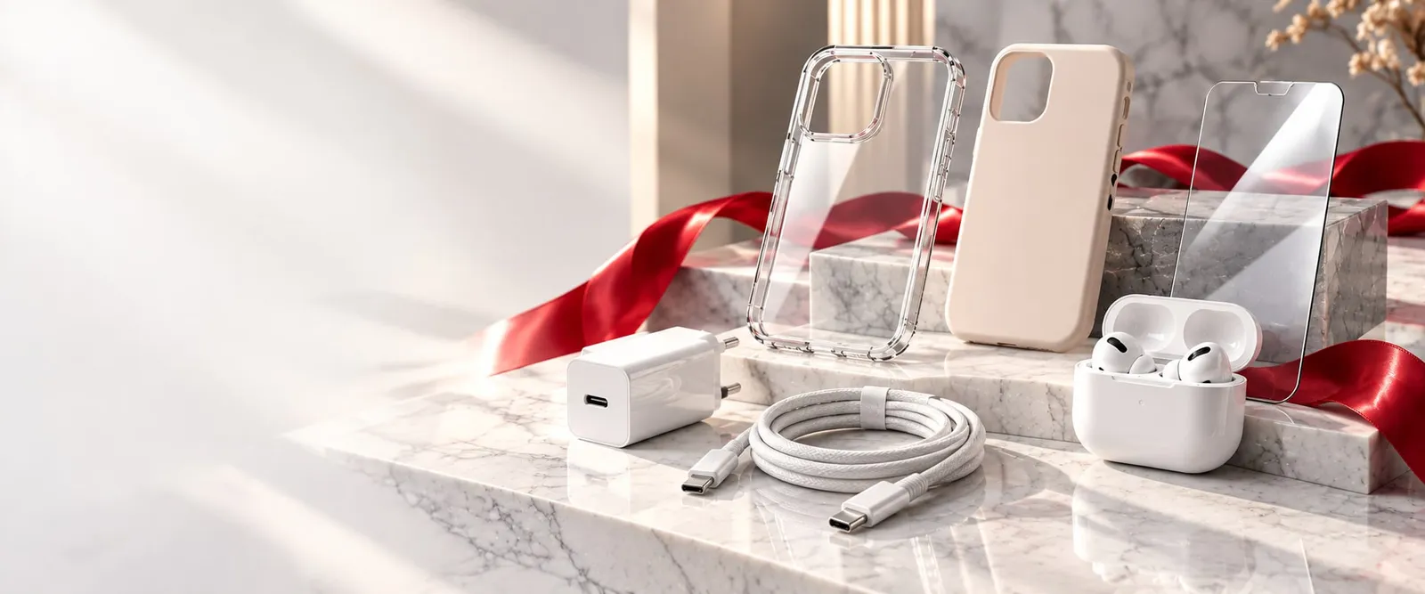 Coques de téléphone, chargeur, câble USB-C et écouteurs sans fil disponibles en boutique