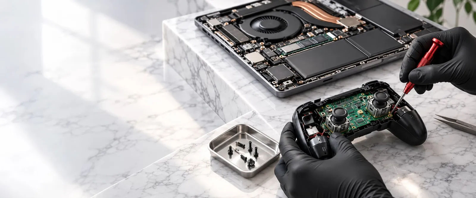 Manette de console démontée et ordinateur portable ouvert sur un établi de réparation