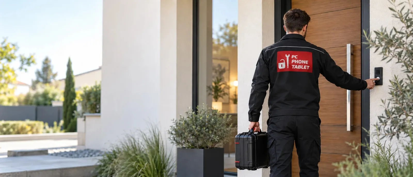 Technicien PC Phone Tablet avec sa mallette, sonnant chez un client pour une réparation à domicile