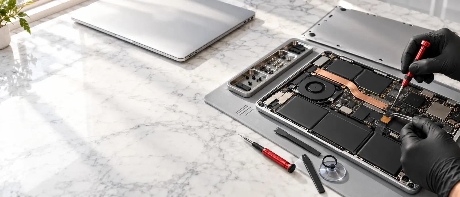 MacBook ouvert en réparation : batterie, ventilateur et carte mère, tournevis rouge sur un établi en marbre