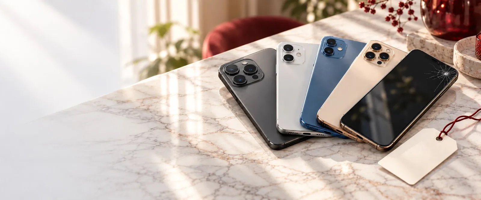 Smartphones d'occasion de plusieurs couleurs posés en éventail, prêts à être estimés pour le rachat