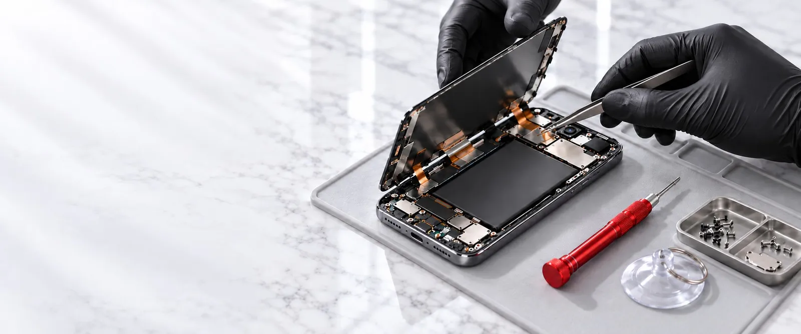 Réparation d'un smartphone : écran soulevé à la pince par des mains gantées, tournevis rouge sur un tapis d'atelier